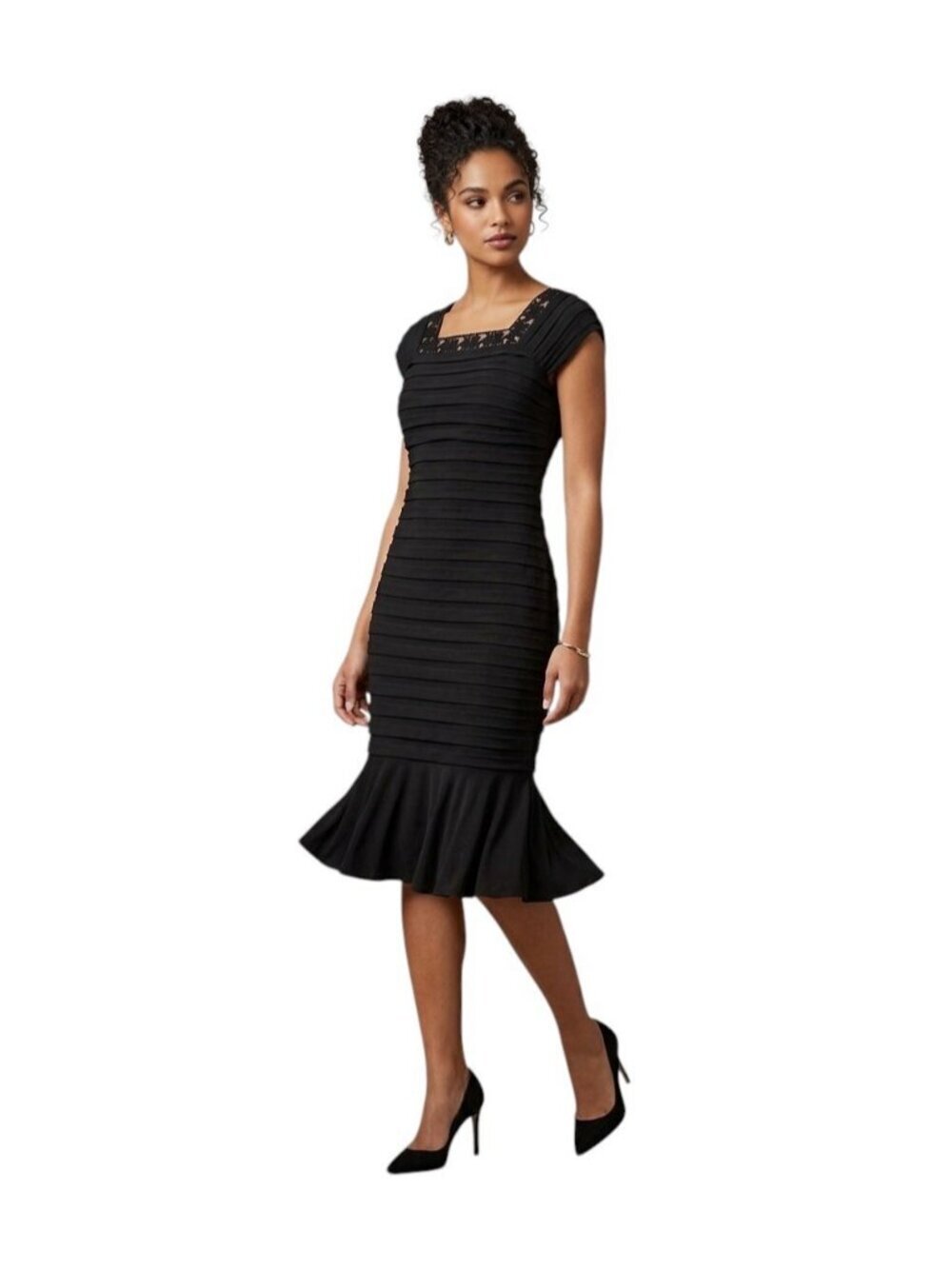 Adrianna Papell Size 10 Black Tiered Sheath Dress Lace  Trim Mermaid Flounce Hem